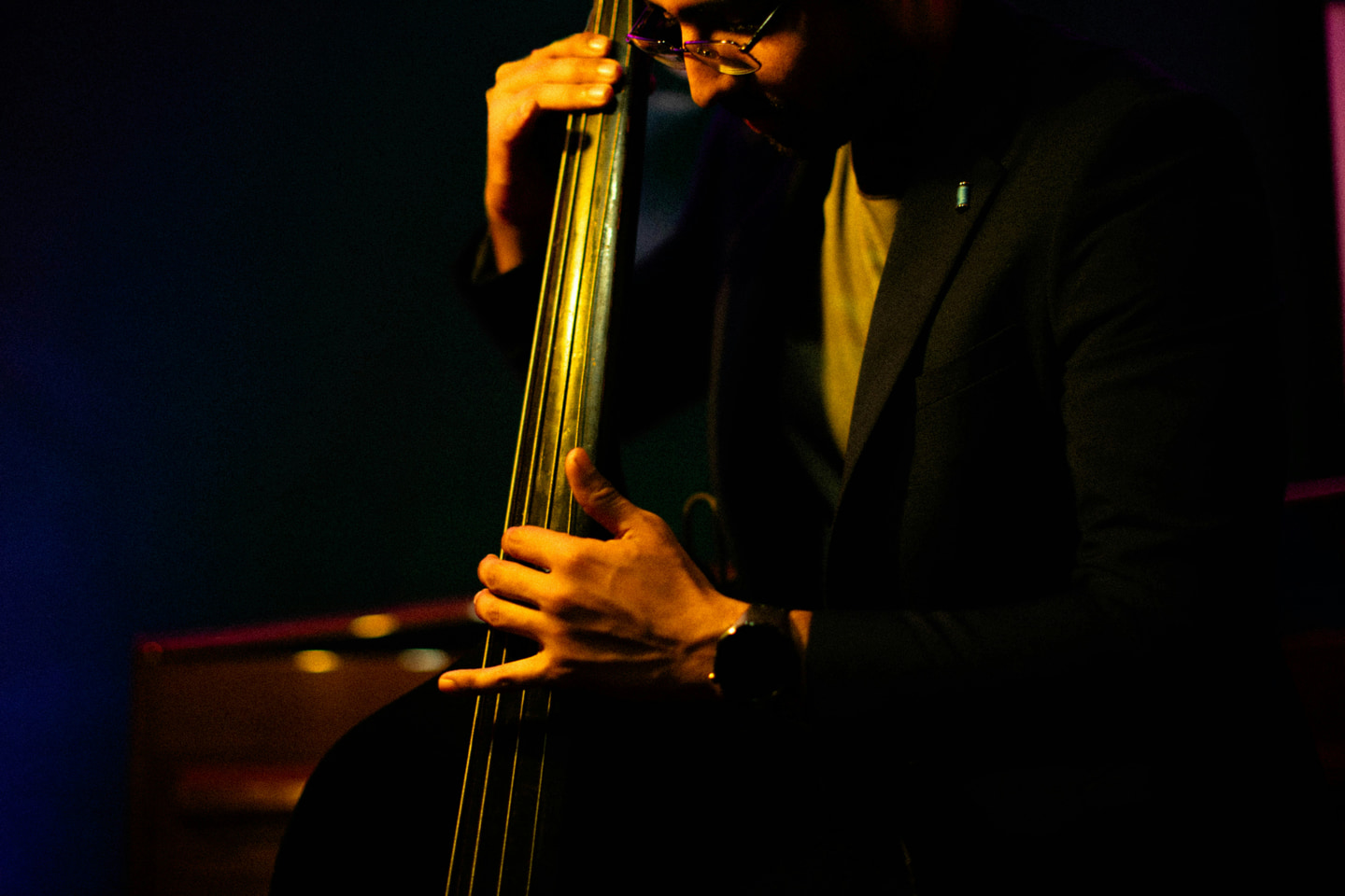 A double bassist performing under warm stage light