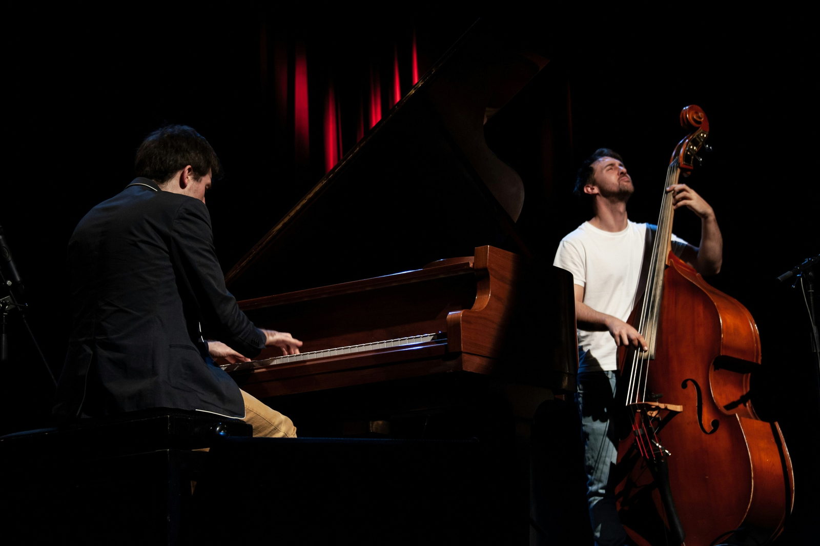 A pianist and a double bassist performing together on a dark stage