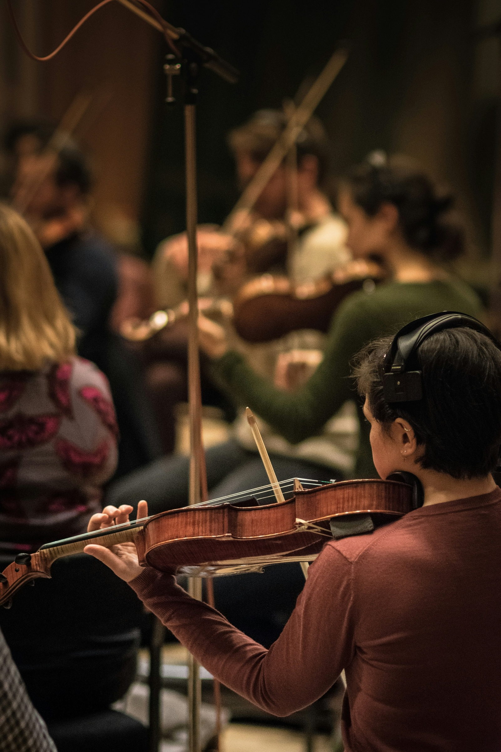 Young violinists in a rehearsal, seen over a player’s shoulder